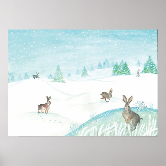 Kaniner Sitta och jumping på Snö Poster (Framsidan)