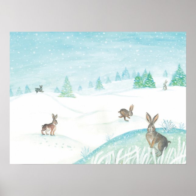 Kaniner Sitta och jumping på Snö Poster (Framsidan)