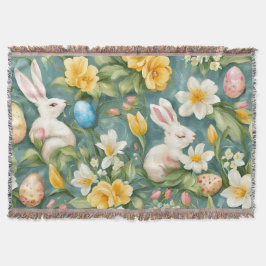 Kaniner, vårblommor och påskägg. Målning Filt