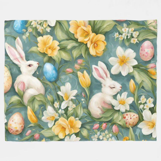 Kaniner, vårblommor och påskägg. Målning Fleecefilt (Framsidan (Horisontell))