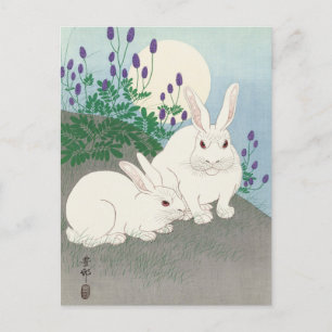 Kaniner vid Full Moon Painting av Ohara Koson Vykort