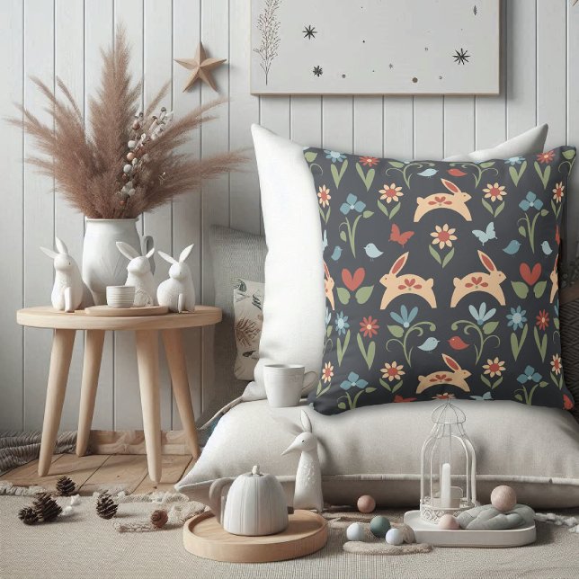 Kaniner Wildblommor Birds Folk Art Kudde (Skapare uppladdad)