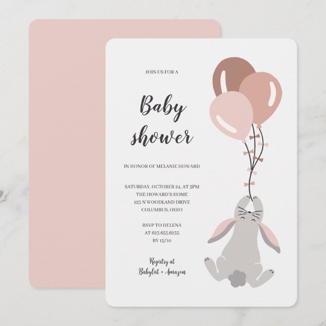 Kaninillustration flicka baby shower inbjudan (Fram/baksida)