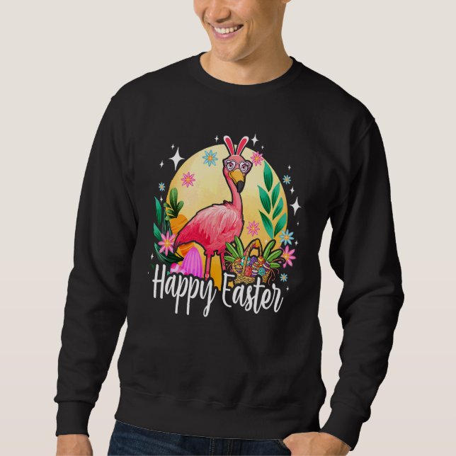 Kaninöron Flamingo med påskäggs korg Glad påsk Lång Ärmad Tröja (Framsida)
