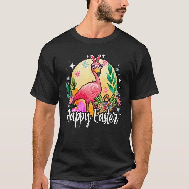 Kaninöron Flamingo med påskäggs korg Glad påsk T Shirt (Framsida)