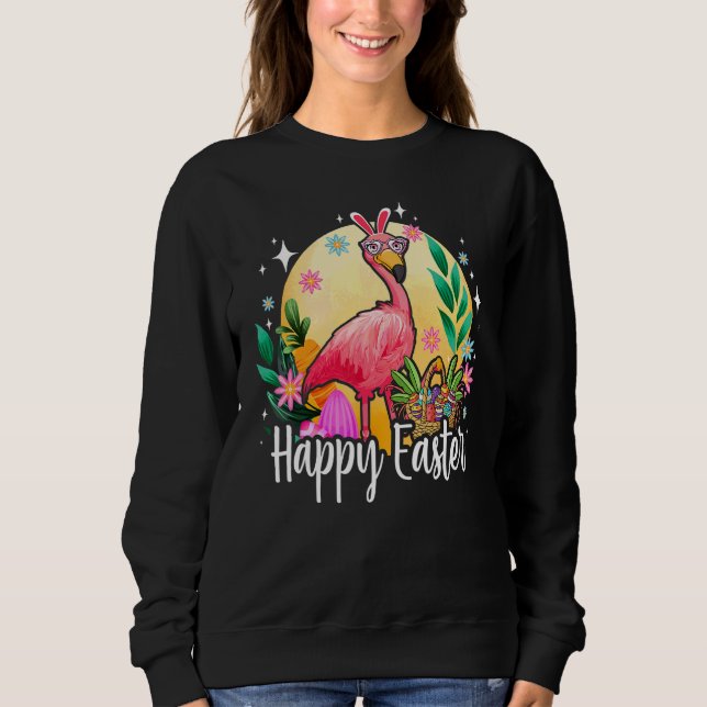 Kaninöron Flamingo med påskäggs korg Glad påsk T Shirt (Framsida)