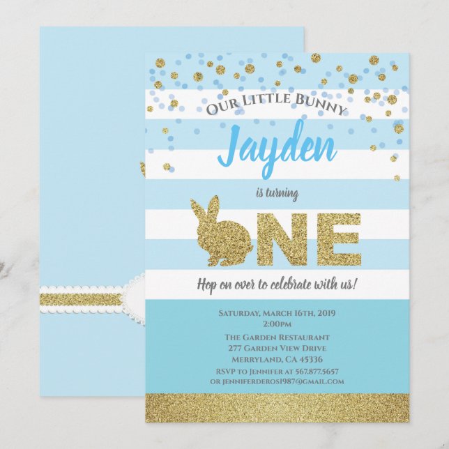 Kaninpojke 1-års inbjudan blå och guld (Fram/baksida)