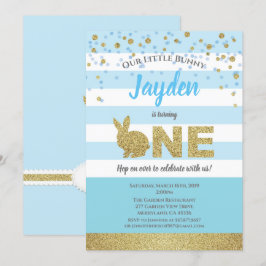 Kaninpojke 1-års inbjudan blå och guld