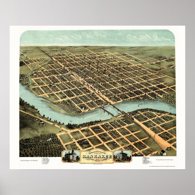Kankakee, IL Panoramic Karta - 1869 Poster (Framsidan)