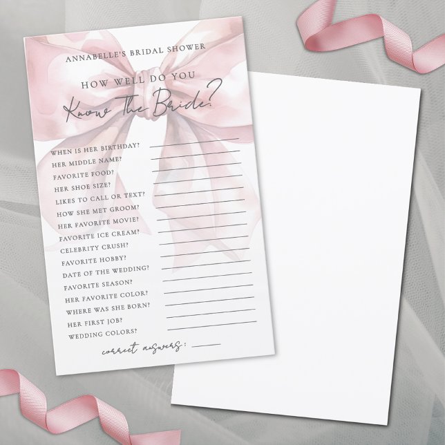 Känn till Bruden Rosa Rosett Bröllopsduschspel (Know The Bride Blush Pink Bow Bridal Shower Game)