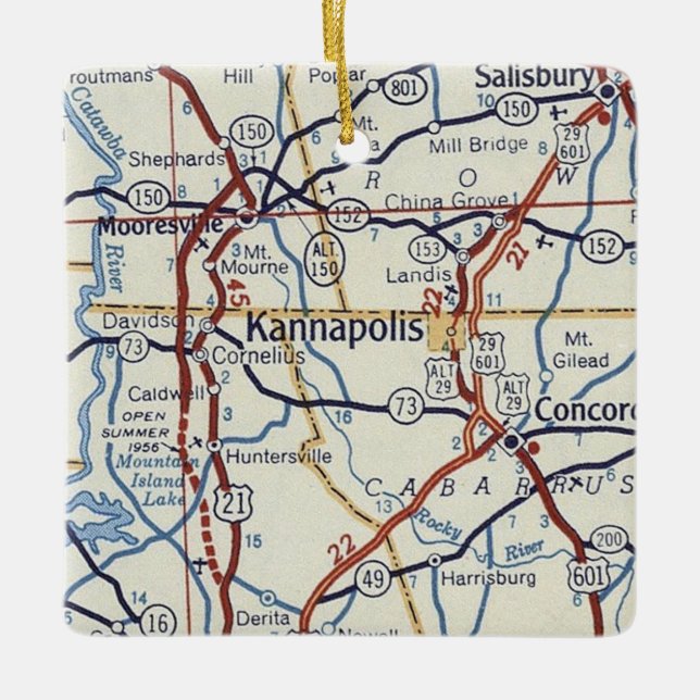 Kannapolis NC Vintage Karta Julgransprydnad Keramik (Framsida)