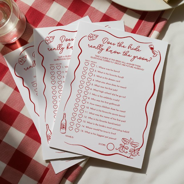 Känner bruden verkligen brudgummen Bröllopsfest Rådkort (Does the bride really know the groom? That's Amore! Italian themed Bridal Shower Game)