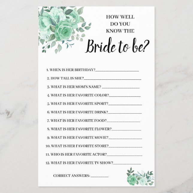 Känner du till Bride GreenRoses Shower-spelkortet? Flygblad (Framsidan)