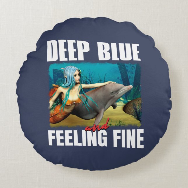 Känner mig blå Ocean Havsjungfru Delfin Konst Rund Kudde (Framsidan)