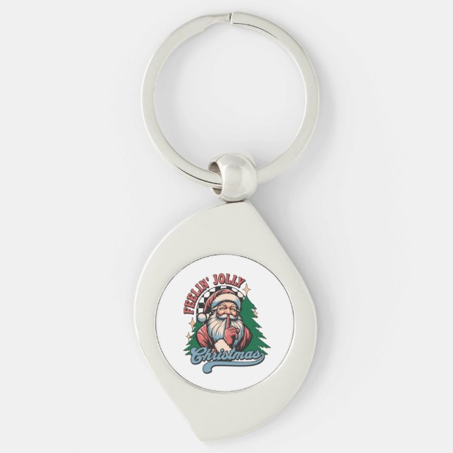 Känner mig jolly jul tomte swirl silverfärgad nyckelring (Framsidan)