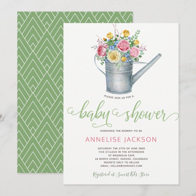 Kannevattning salvia rosablommig baby shower inbjudningar (Fram/baksida)