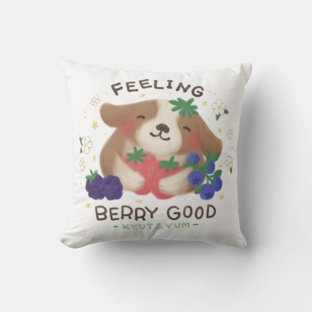 Känns Berry Bra: Cute Hund with Berries Kudde (Framsida)