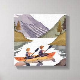 Kanotpaddling på sjö | Berg Natur Akvarell Canvastryck