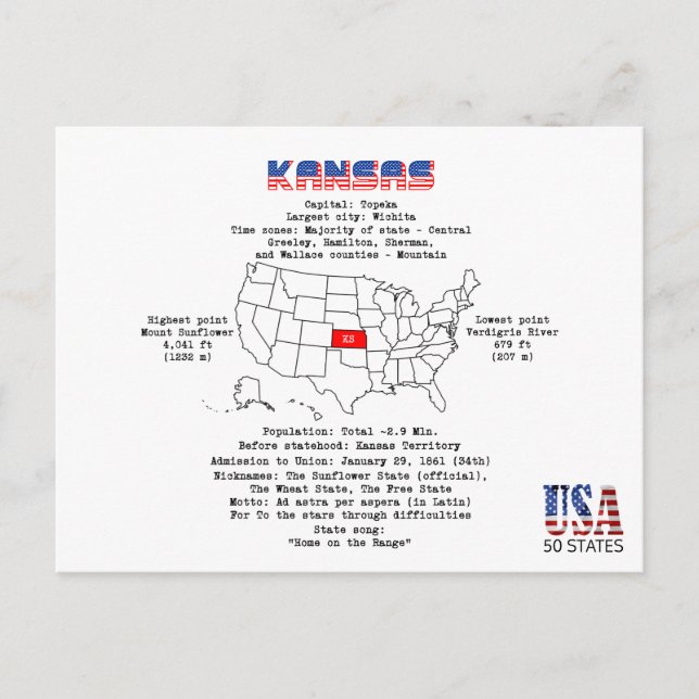 Kansas amerikanska stat på karta och användbar inf helg vykort (Framsida)