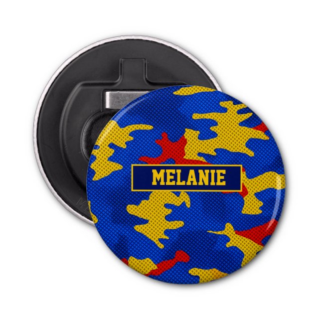 Kansas Blue Red Yellow Vibrant Camo Pattern Flasköppnare (Framsidan)