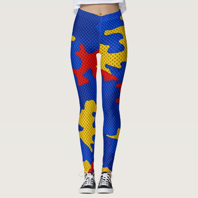 Kansas Blue Red Yellow Vibrant Camo Pattern Leggings (Framsida)