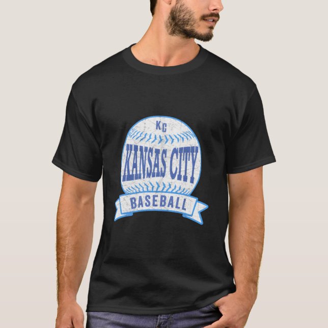Kansas City Kc Baseboll Kc Blå Retrostil T Shirt (Framsida)