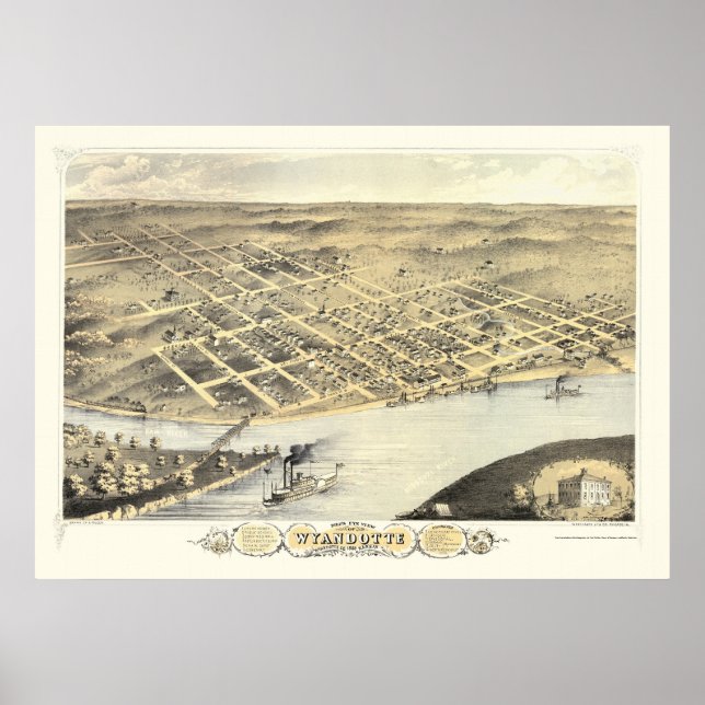 Kansas City, KS Panoramic Karta - 1869 Poster (Framsidan)