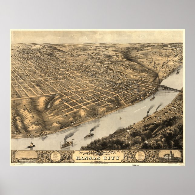 Kansas City Missouri 1869 Antique Panoramic Karta Poster (Framsidan)