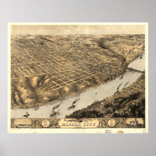 Kansas City Missouri 1869 Antique Panoramic Karta Poster