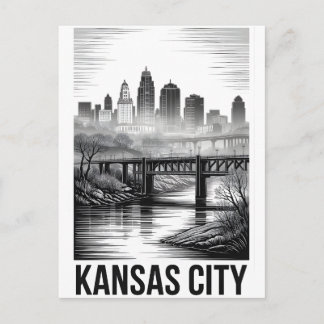 Kansas City Missouri Siluett Svart Vitt Träsnitt Helg Vykort
