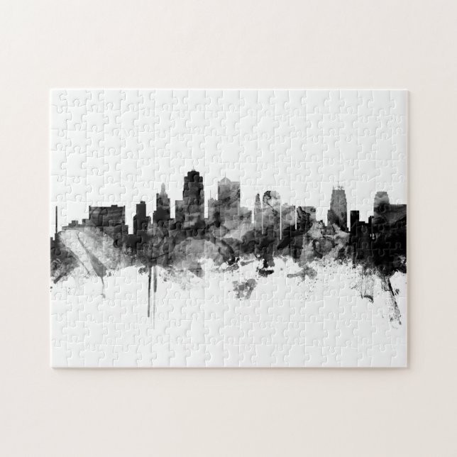 Kansas City Missouri Skyline Black White Pussel (Horisontell)