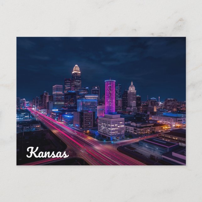 Kansas City Missouri Skyline Night Vykort (Framsida)