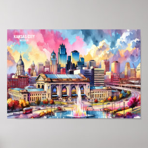 Kansas City Missouri USA Travel Ställe vattenfärg Poster