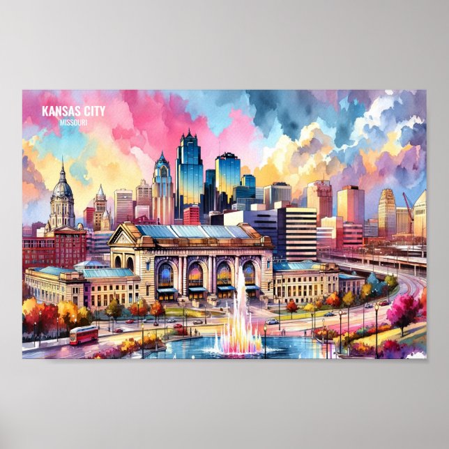 Kansas City Missouri USA Travel Ställe vattenfärg Poster (Framsidan)