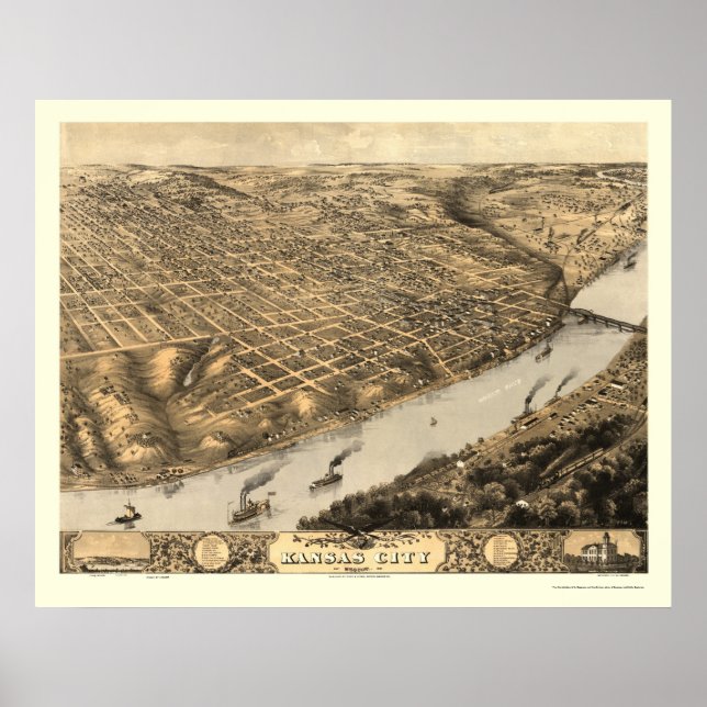 Kansas City, MO Panoramic Karta - 1869 Poster (Framsidan)