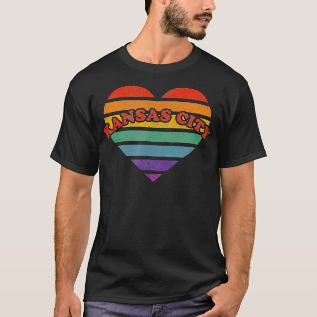 Kansas City Retro Rainbow Heart 80-talet Stollig H T Shirt (Framsida)
