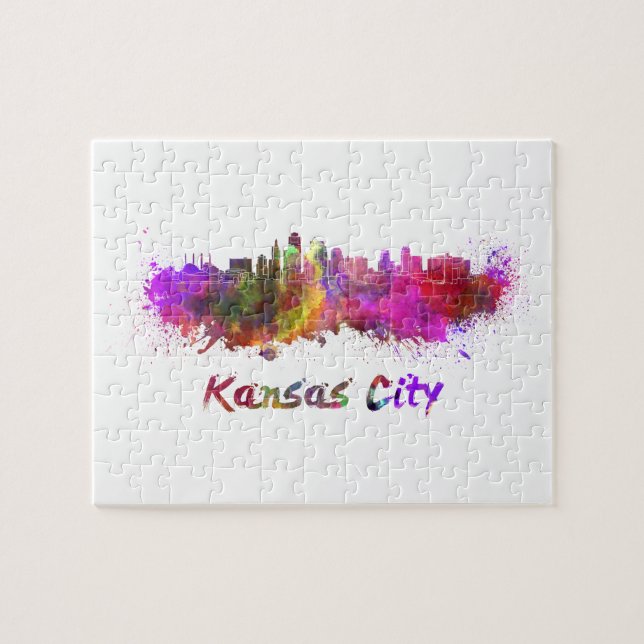 Kansas City skyline i vattenfärg Pussel (Horisontell)