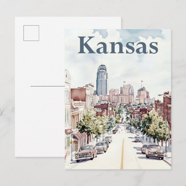 Kansas City Watercolor Painting Travel Vykort (Fram/baksida)