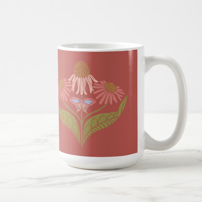 Kansas Cone Flowers 15 oz, Rosa, koral, Grönt Kaffemugg (Höger)