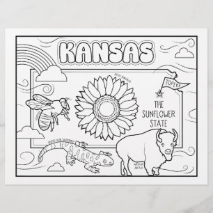 Kansas delstatens form och fakta-färgsida reklamblad
