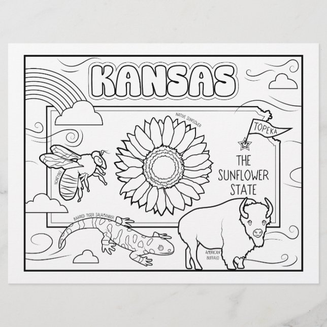 Kansas delstatens form och fakta-färgsida reklamblad (Framsidan)
