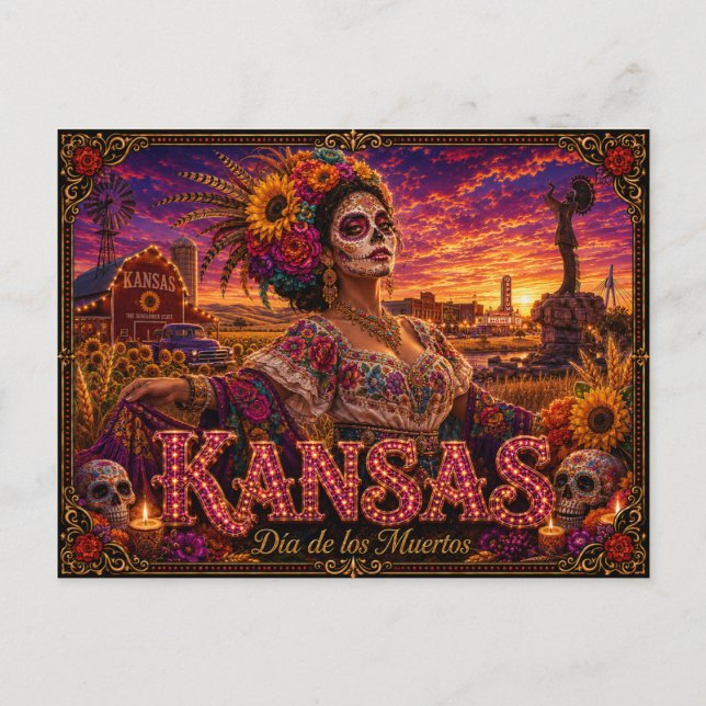 Kansas Día de los Muertos Retro Vykort (Framsida)