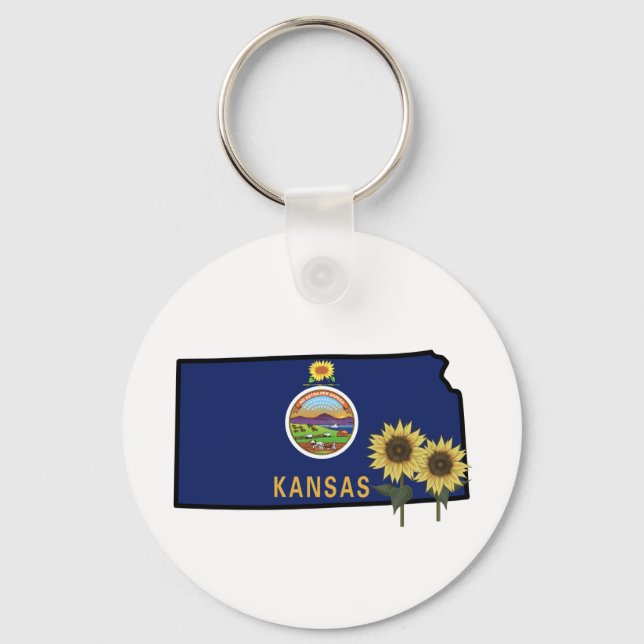 Kansas Flagga med State Flower Vild Solros Nyckelring (Framsida)