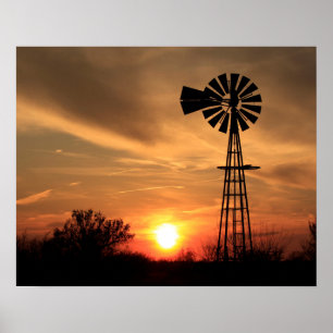 Kansas Golden Sunset med Kvarn silhouette Poster