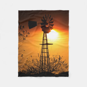 Kansas Golden Sunset med Kvarn silhuett Fleecefilt