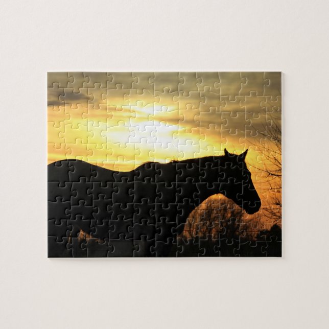Kansas Horse silhouette Golden Orange Sunset Pussel (Horisontell)