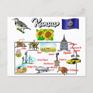 Kansas i USA med de stora städerna Vykort
