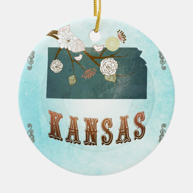 Kansas karta med älskvärda fåglar julgransprydnad keramik (Framsidan)