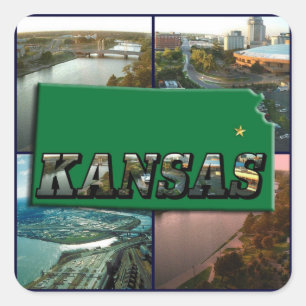 Kansas Karta och Foton Fyrkantigt Klistermärke