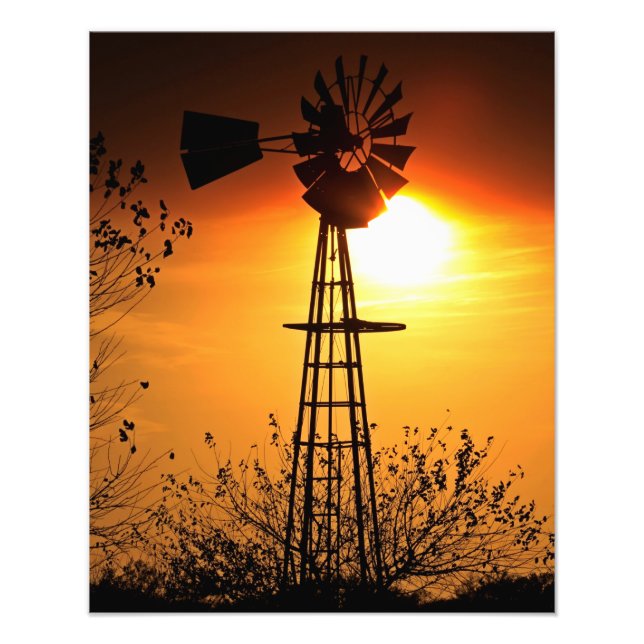 Kansas Kvarn Silhouette Sunset Fototryck (Framsidan)